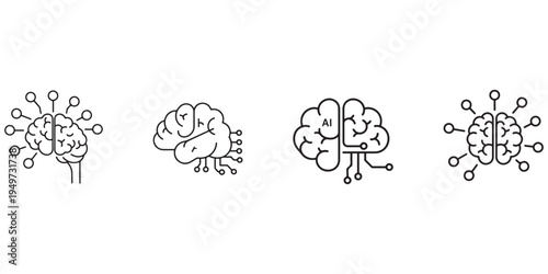 Artificial Intelligence Brain Icons Representing Neural Networks and Machine Learning