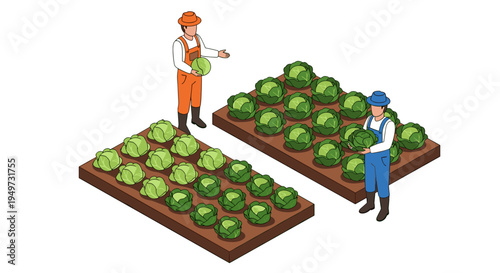 Isometric illustration of two farmers tending to rows of fresh green cabbage plants in a fertile garden bed showcasing