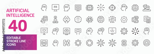 Comprehensive line icon set for artificial intelligence, machine learning, and cognitive computing concepts.