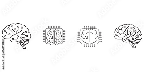AI Brain Icons Set of four futuristic artificial intelligence brain illustrations