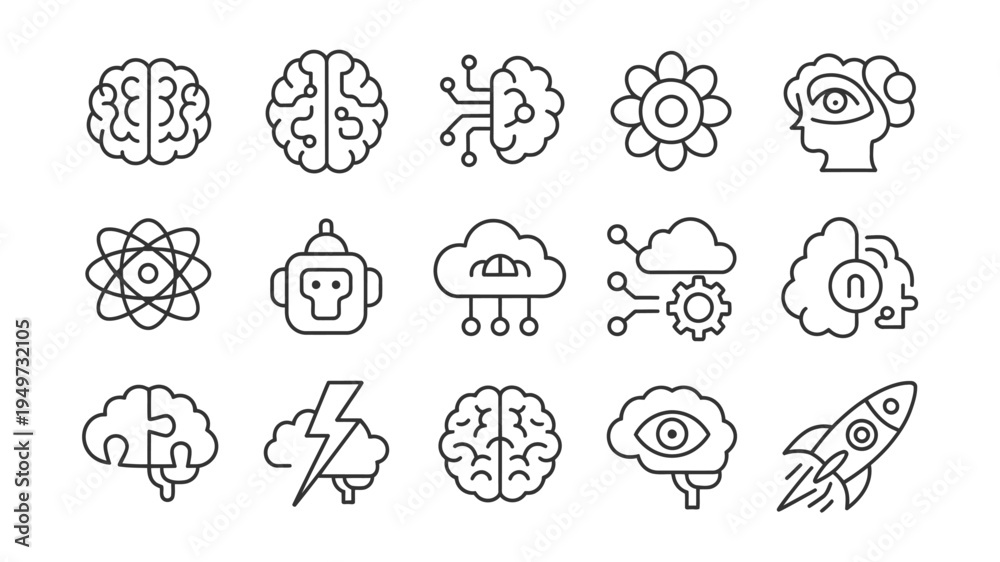 Fototapeta premium Modern line icons for artificial intelligence, brain, science, robotics, cloud computing, and innovation.