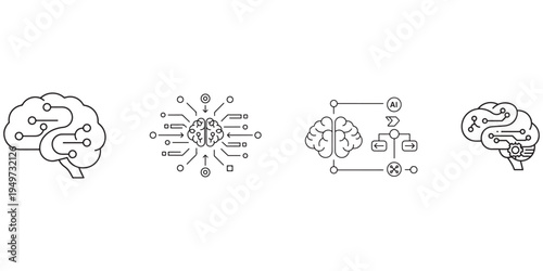 AI and technology icons with brain and neural network illustrations