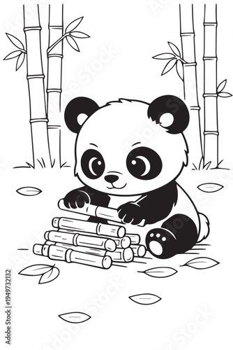 Adorable cartoon panda collecting bamboo sticks in a playful scene, illustrated with clean line art, ideal for coloring books and engaging kids’ creativity.