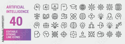 Comprehensive set of 40 editable stroke line icons representing artificial intelligence, machine learning, and technological innovation concepts.