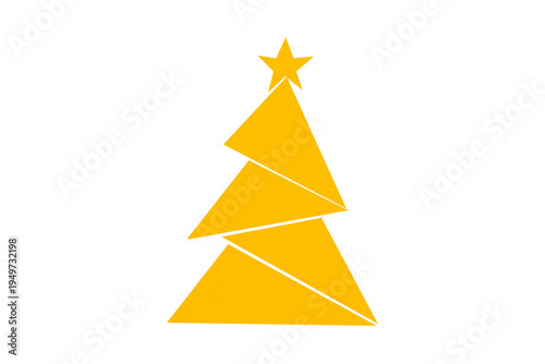 A cute yellow Christmas tree made of paper is placed on a transparent background.