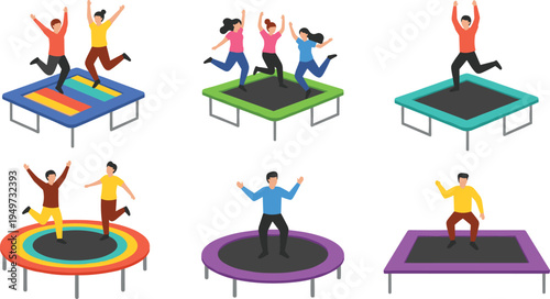 Isometric Diverse People Jumping on Trampolines Set with Adults and Children Bouncing for Fitness, Fun Recreation, and Healthy Lifestyle Vector Illustration Collection