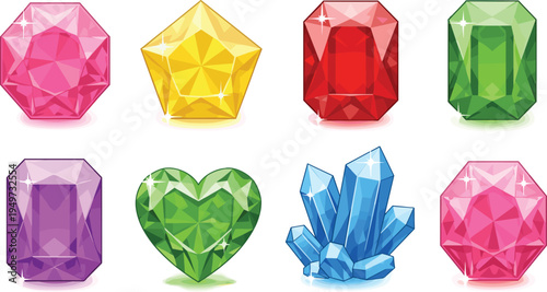 Luxury Gemstone Collection Featuring Heart Cut Emerald Crystal Cluster Ruby and Amethyst Jewels for Game Assets Jewelry Design Apps and Premium Vector Graphics