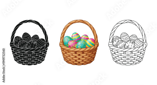 Set of easter baskets with colorful eggs, including silhouette, full color illustration, and black and line art style