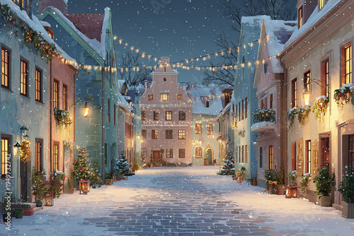 Winter snowy street with European style houses decorated with Christmas lights and garlands, creating warm festive atmosphere in quiet town at night