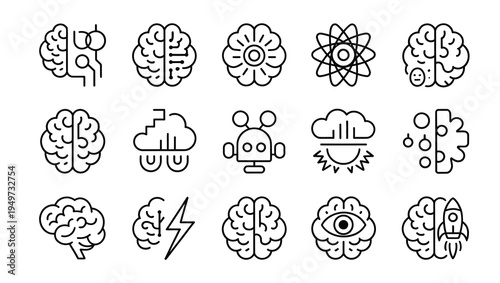 Dynamic set of 15 line icons representing artificial intelligence, brain activity, and advanced technological progress.