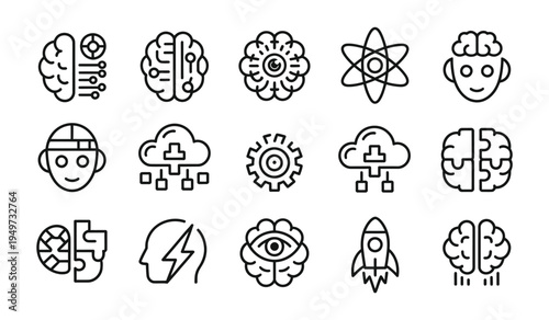 Modern collection of 15 line icons depicting artificial intelligence, brain power, and technological innovation.