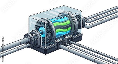 A futuristic mechanical device with glowing blue and green tubes.