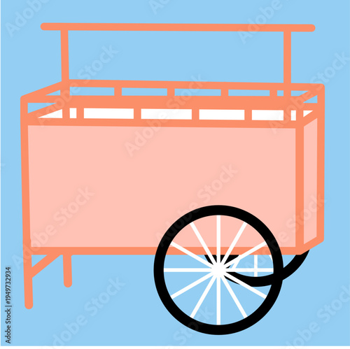 Flat Illustration of an Empty Pink Mobile Street Food Cart with Wheel and Frame