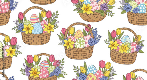 Seamless pattern with easter baskets filled with colorful decorated eggs and spring flowers like tulips and daffodils