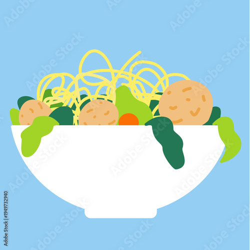 Flat Illustration of Indonesian Meatball Soup (Bakso) with Yellow Noodles and Greens in a White Bowl