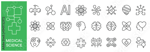 Medical science and healthcare AI editable stroke line icons for modern research and technology.