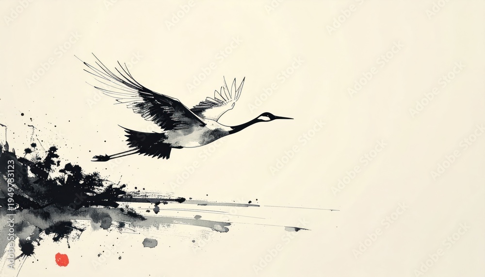 Naklejka premium A crane takes flight from abstract black ink, minimalist style on a cream background