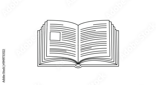 Open book line drawing showing pages with text layout and a blank image placeholder for educational or literary project concepts.