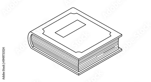Minimalist isometric line drawing of a closed thick hardcover book with a decorative frame on the cover in a simple black and white style.