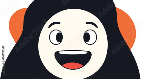 Close up cartoon portrait of a happy person with long black hair and a joyful expression on a soft orange abstract background.