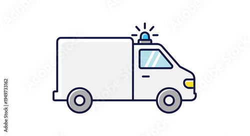 Simple icon of a white delivery van or emergency ambulance with a blue siren light on top and dark blue outlines in a flat design style.