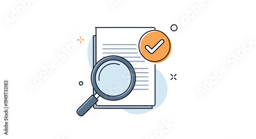 Document verification concept showing a paper with text being inspected through a magnifying glass and approved with a checkmark.