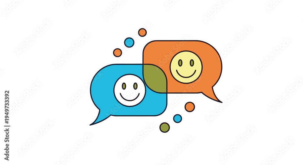 Obraz premium Two colourful speech bubbles with happy smiley faces overlapping on a white background representing communication and social media.