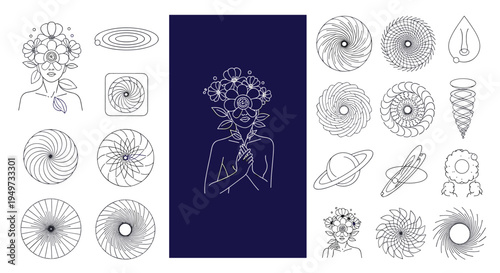 Extensive collection of line art illustrations including flowers celestial symbols spirals and human portraits for holistic design themes.