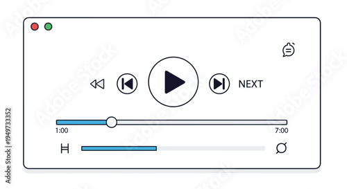 Clean interface of a digital media player window with playback controls buttons progress bar and volume slider on a white background.