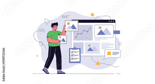 Content manager character organizing images and charts on a large digital web dashboard representing website design and management.