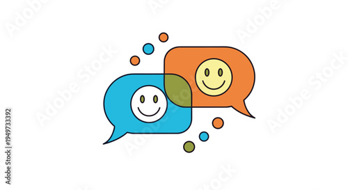 Two colourful speech bubbles with happy smiley faces overlapping on a white background representing communication and social media.