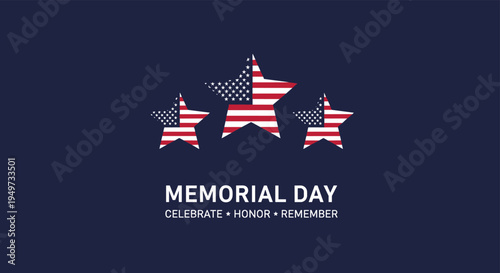 Memorial Day commemorative graphic with three stars decorated in the US flag pattern on a dark blue background to honor fallen soldiers.