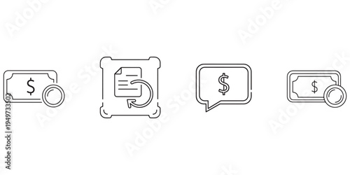 Money icons with circular arrows and speech bubbles representing financial transactions and communication