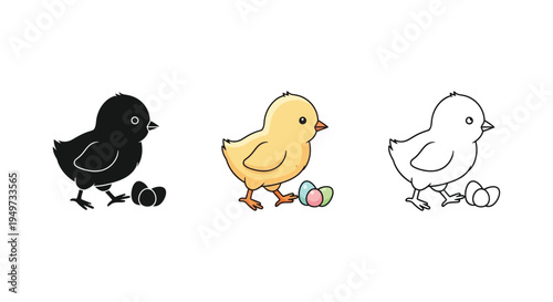 Set of cute baby chicks with easter eggs in silhouette, color, and line art style for spring holiday design elements