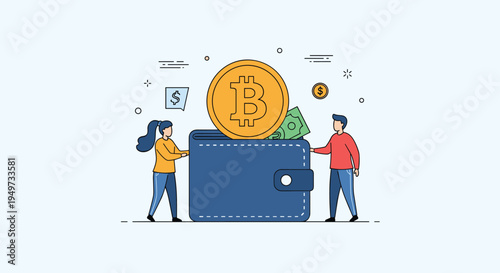 Tiny people standing next to a large blue wallet filled with a golden bitcoin and paper money representing cryptocurrency and finance.