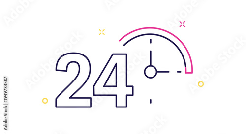 Large number twenty-four with a clock arc representing twenty-four hour availability or around the clock service on a white background.