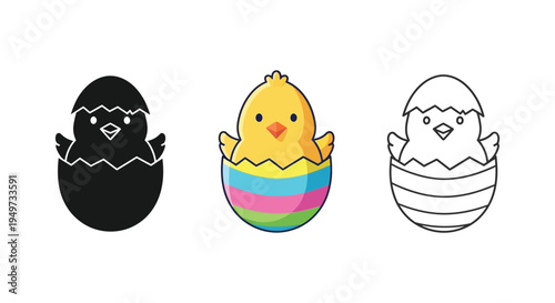 Cute baby chick hatching from a colorful easter egg, vector illustration set including silhouette, color, and line art