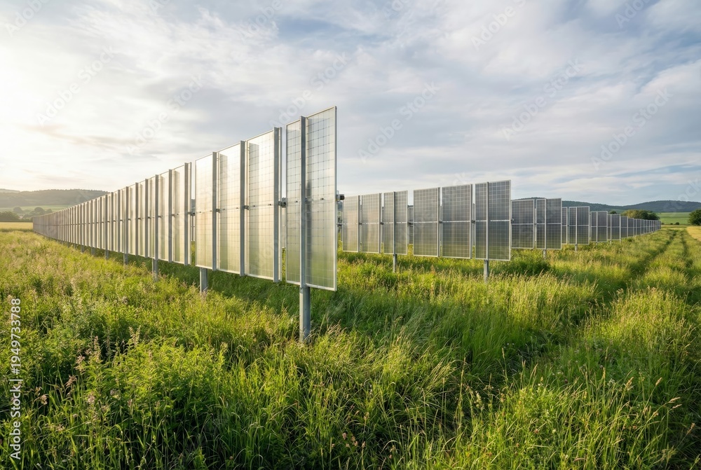 Obraz premium Row of double sided photovoltaic panels standing vertically in agrivoltaics farm
