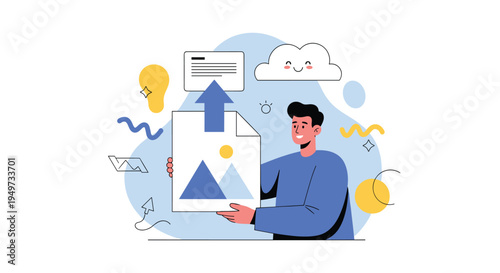 Man holding a large photograph and uploading it to a cloud represented by an arrow and a happy cloud icon for digital storage.