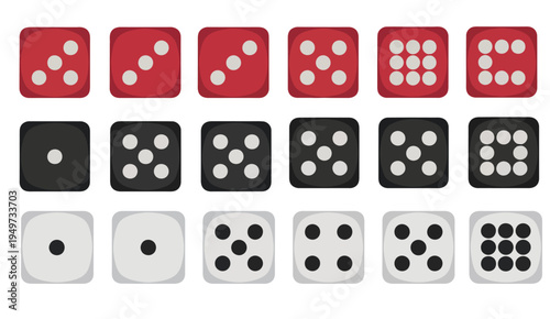 Casino dice icon collection, red black white dice set displaying one through six dot faces, simple gambling symbols isolated in a modern vector illustration bundle for gaming graphics.