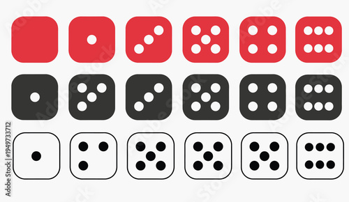 Casino dice icon collection, red black and white dice showing one to six dot faces arranged as classic game symbols, clean vector illustration bundle for gambling, luck, and board game design.