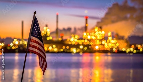 American flag stands before a glowing industrial plant at dusk, lights reflecting on water, symbolizing national energy, economic resilience, and production
