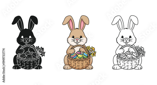 Set of three cute easter bunnies with baskets of eggs in silhouette, full color, and line art styles for holiday designs