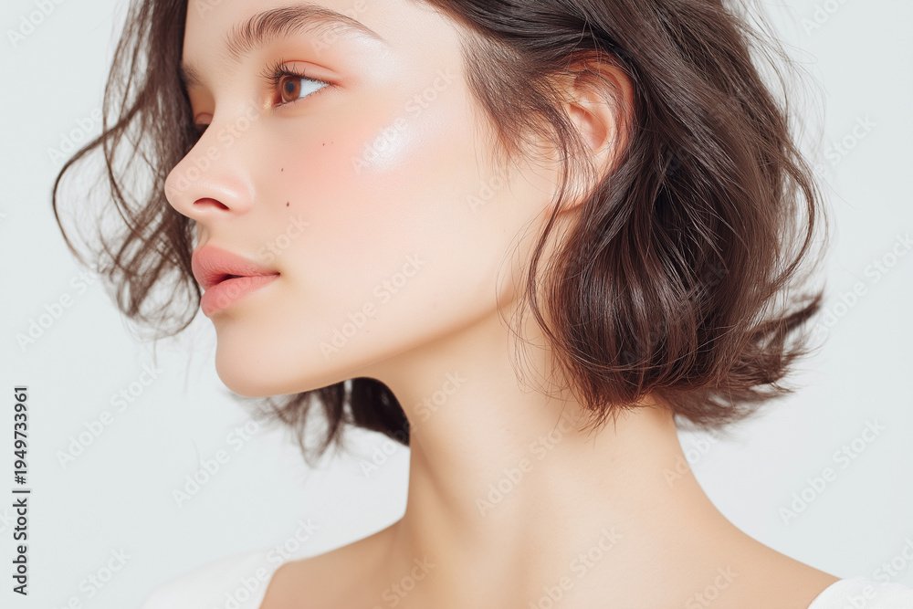 Fototapeta premium 日本人, 女性, 20代, 美肌, 白背景, 透明感, ポートレート, 清潔感, 爽やか, ショートヘア, ボブ, 茶髪, ウェーブヘア, スキンケア, 美容, 健康的, ナチュラル, 笑顔, キャミソール, 白, 抜け感, 基礎化粧品, コスメ, 素肌, 輝き, ツヤ肌, 清楚, ライフスタイル, コピースペース, 切り抜き, 広告素材, 1人, 若い, ミニマル, ウェブ素材, 瑞々しい, 潤
