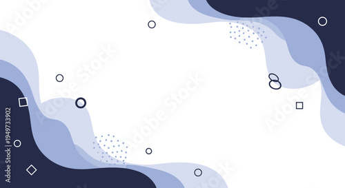 Modern abstract background design featuring blue waves, dots, and geometric shapes on a white space for presentations or web layouts.