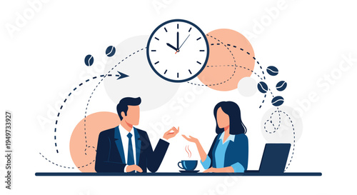 Business man and woman having a conversation over coffee with a large clock in the background representing time management and work breaks.