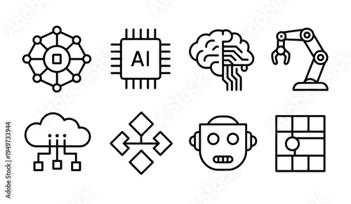 Vector outline icons illustrating neural networks, AI chips, robotic automation, and cloud-based intelligence systems.