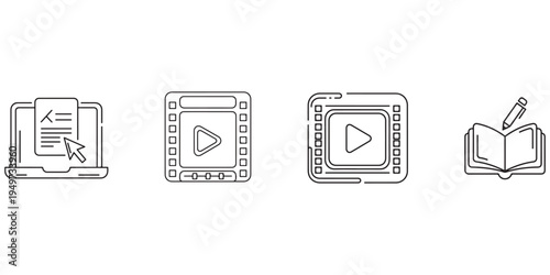 Laptop with document, video player, and open book with pen icons