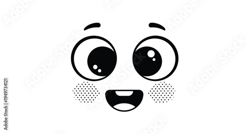 Simple black and white illustration of a cute, happy face with large expressive eyes, small eyebrows, and a wide smiling mouth.