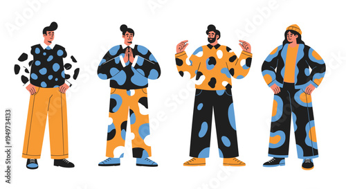 Group of four male characters wearing trendy outfits with various colorful patterns and styles representing modern men fashion.